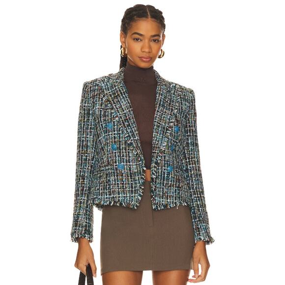 L'Agence Brooke Double Breasted Fringe Tweed Open Front Blazer Blue Multi 10 - Picture 2 of 8